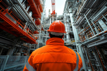 Poster - A worker in safety gear observes a complex industrial facility with pipes and cranes.