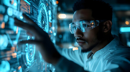Aufkleber - A scientist interacts with a digital interface displaying advanced technology data.