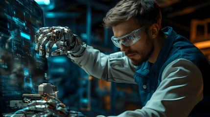 Poster - A focused individual with robotic hands working on a high-tech interface in a futuristic setting.