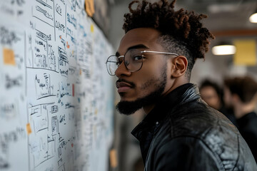 Poster - A focused individual examines a brainstorming wall filled with notes and diagrams.