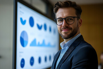 Poster - A confident professional stands beside a data presentation, showcasing analytical insights.