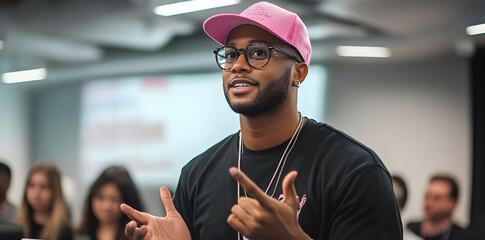 Poster - A man in a pink cap speaks passionately to an engaged audience in a modern setting.