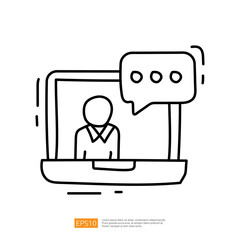 Poster - A simple line drawing depicting a person in a laptop screen with a speech bubble, symbolizing online communication or virtual meetings.