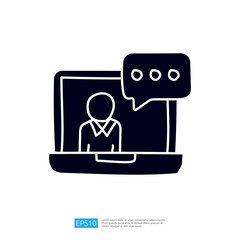 Poster - A stylized illustration of a laptop displaying a person, accompanied by a speech bubble, symbolizing online communication or virtual meetings.