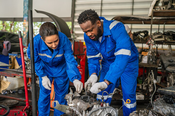 Wall Mural - Team Auto mechanic are checking and repair maintenance auto engine is problems at car repair shop.