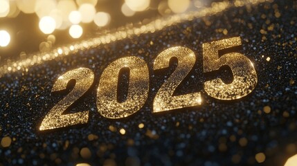 Wall Mural - Joyful decoration for the New Year, showcasing gold and dark red lights with a blurred background, a glowing 2025, and fireworks to celebrate the arrival of 2025.