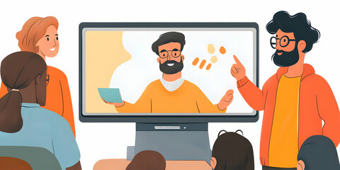 Poster - A group of people watching a presentation on a screen, engaging in discussion.