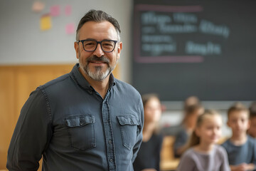 Poster - A smiling teacher stands in a classroom with students blurred in the background.