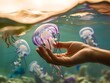 © rezarereza - underwater of a hand touching a jellyfish