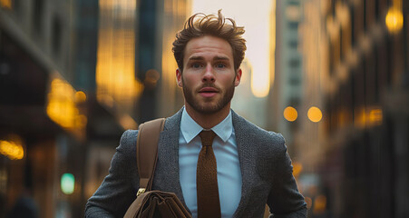 Wall Mural - A young man in a suit and tie is running fast with wide open eyes to get to work on time. He has an expression of urgency as he runs down the street carrying his bag and briefcase. 