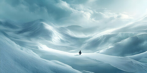 Poster - A solitary figure traverses a vast, snow-covered landscape under a dramatic sky.