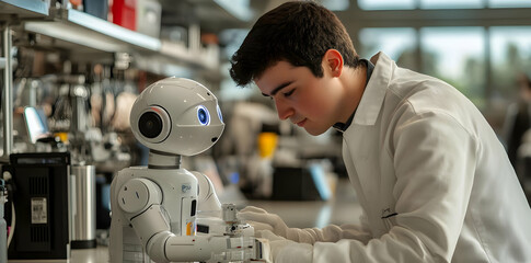 Fototapete - A young scientist interacts with a small robot in a laboratory setting.