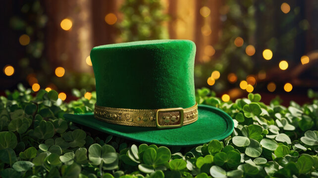 St. Patrick's Day holiday background with green hat with shamrocks on a wooden background with clover leaves and gold accents