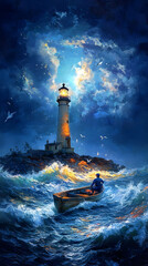 Poster - A serene lighthouse scene with a boat amidst turbulent waves under a dramatic sky.