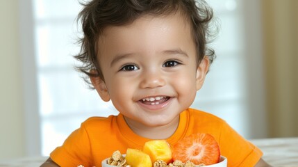 Getting the kids ready for school concept, A happy child enjoys a bowl of colorful fruit and cereal, radiating joy and innocence in a bright, cheerful setting.