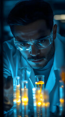 Poster - A scientist examines glowing liquids in test tubes within a laboratory setting.