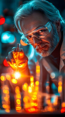 Poster - A scientist conducting experiments in a lab with glowing liquids and glassware.