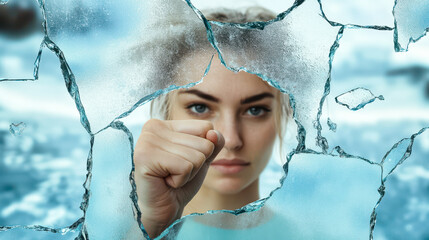 Woman's Fist Breaking Through Glass Ceiling Symbolizing Overcoming Barriers for Social Justice