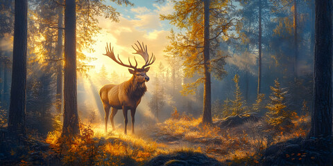 Poster - A majestic stag stands in a sunlit forest, surrounded by trees and autumn foliage.