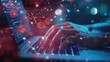 © Mas - Hand using computer laptop with overlay speed communication connection concept, AI generated image