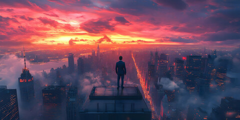 Poster - A figure stands atop a skyscraper, gazing at a vibrant sunset over a city skyline.