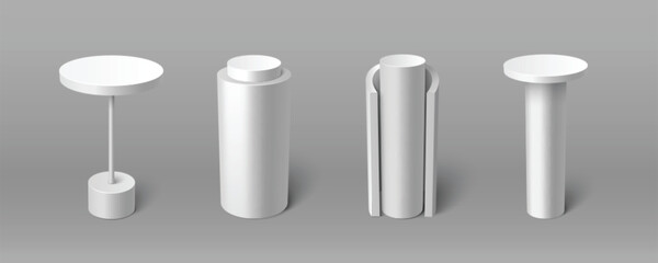 Poster - White pillar display pedestals in different geometric shape. Realistic 3d vector platform mockup - slim stand with round top, cylindrical column with cap, segmented vertical mount, simple tubular base