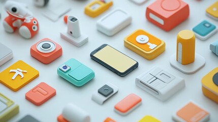 Poster - Colorful Assorted Miniature Electronic Devices Arranged on White Background