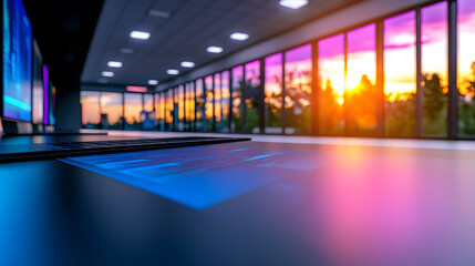 Poster - A modern workspace features a laptop in the foreground with a vibrant sunset illuminating the room through large windows