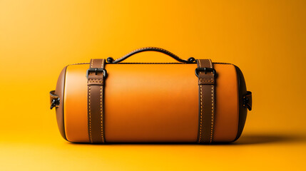Poster - A stylish cylindrical leather bag with brown straps, set against a vibrant yellow background, exuding a modern and sleek aesthetic