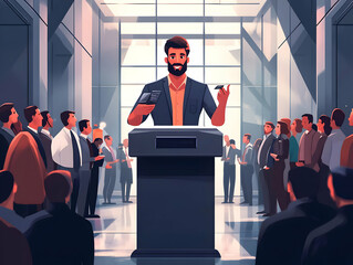 Poster - A speaker addresses an audience from a podium in a modern conference setting.