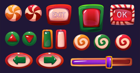 Poster - Candy game ui buttons set isolated on black background. Vector cartoon illustration of progress bar, round and square xmas lollipop frames, sweet border templates, arrow signs, gaming app design kit