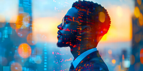 Poster - A profile of a man in a suit against a vibrant, digital cityscape background.