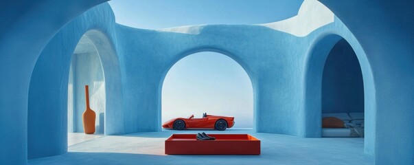 Poster - Serene minimalist blue room with arches and red display box