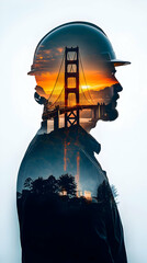 Poster - A double exposure image of a construction worker with a sunset and bridge silhouette.