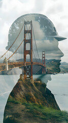 Poster - A double exposure image combining a person's silhouette with the Golden Gate Bridge.