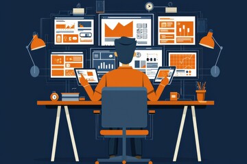Poster - Cartoon-style illustration of employee analyzing business data