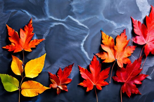 An artistic composition of vibrant autumn leaves in striking colors on a dark slate background