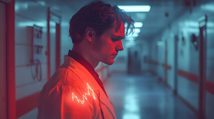 Poster - A man in a lab coat stands in a dimly lit hospital corridor, illuminated by red light.