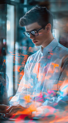 Aufkleber - A young man in glasses engages with digital data on a screen, reflecting a tech-savvy environment.