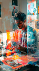 Poster - A creative individual engaged in artistic work amidst vibrant colors and textures.
