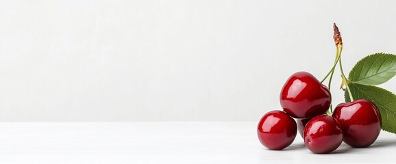 Wall Mural - Fresh red cherries with green leaves on white background.