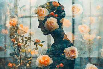 Poster - A silhouette of a person surrounded by blooming roses, creating a dreamy, artistic effect.