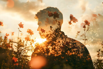 Poster - A silhouette of a person surrounded by flowers at sunset, creating a dreamy atmosphere.