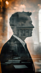 Poster - A double exposure portrait of a man in a suit, blending with architectural elements.