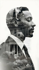 Poster - A double exposure portrait blending a man's profile with urban architecture and clouds.
