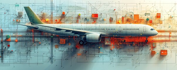 Poster - Flat illustration of an airplane on a digital themed background