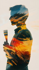 Poster - A silhouette of a person holding a paintbrush, overlaid with vibrant landscape colors.