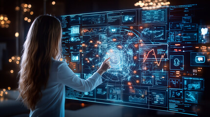 Aufkleber - Young professional interacting with futuristic digital interface, analyzing data