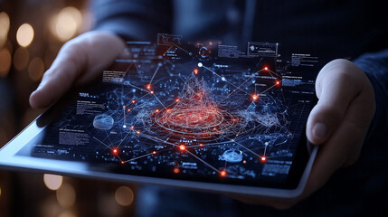 Fototapete - person holding digital tablet displaying futuristic data visualization