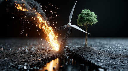 Poster - Fire and wind energy contrast with nature, showcasing environmental change